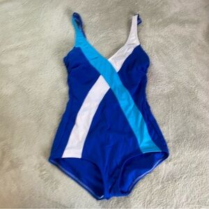 Retro Blue and White One-Piece Swimsuit | Size 12